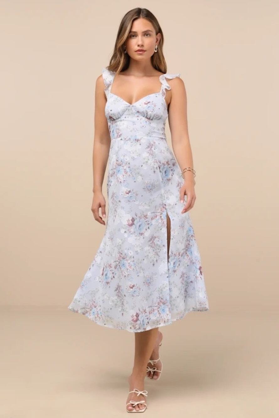 New Lulu's Delightful Direction Blue Floral Ruffled Tie-Strap Midi Dress size M